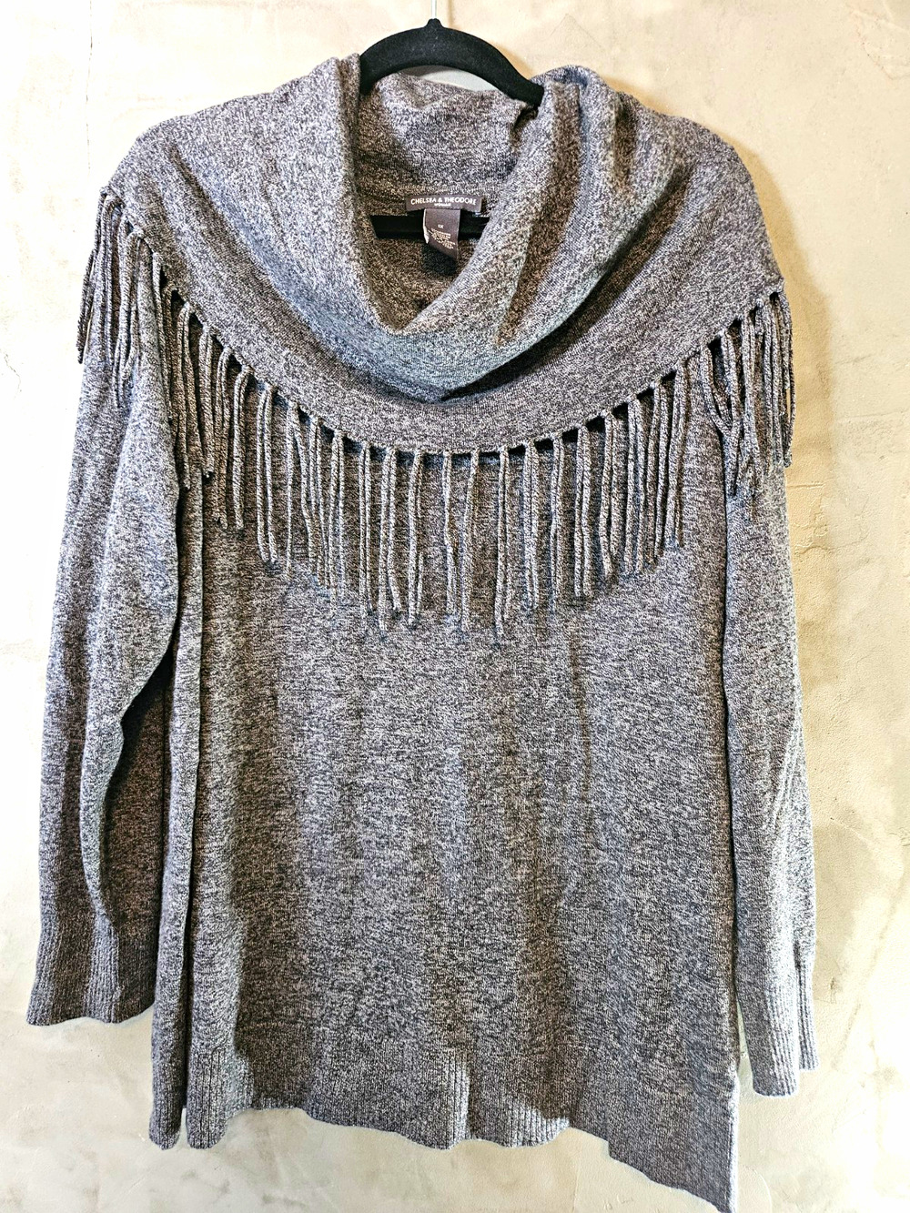 Chelsea & Theodore Womens Knit Cowl Neck Fringe Pullover Sweater Gray 1X